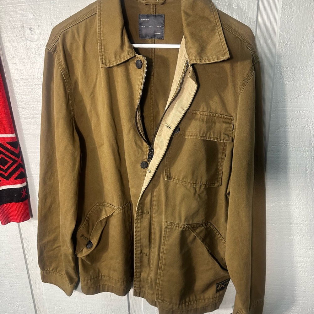 Zara Men’s Olive Green/Brown Full Zip Utility Jacket Size XL EUC - Picture 2 of 8